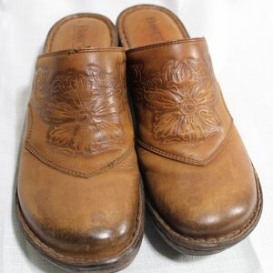 Born Tan Leather Floral Embossed Mules